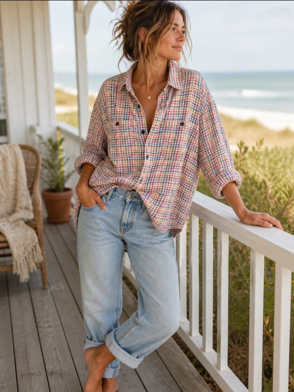 L.L. Bean Pastel Plaid Button Down Shirt Coastal Oversized Cottagecore